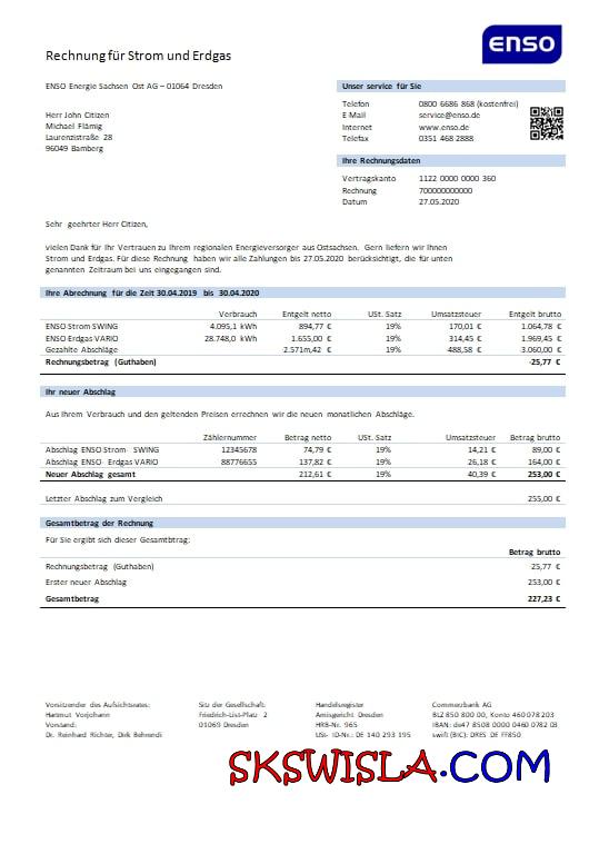 Szablon rachunku za media ENSO rechnung für strom i erdgas w Niemczech w formacie Word i PDF
